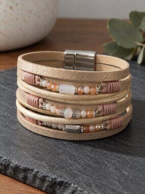 Vegan Leather Wrap Bracelet Champagne Multi Strand Beaded Magnetic Clasp 7.5"